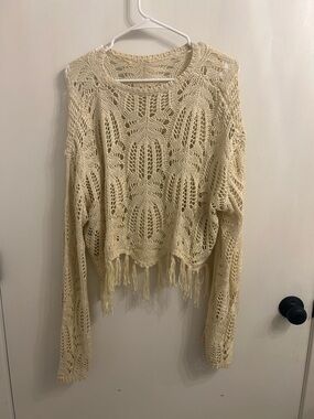 West Fade Cream Crochet Fringe Sweater